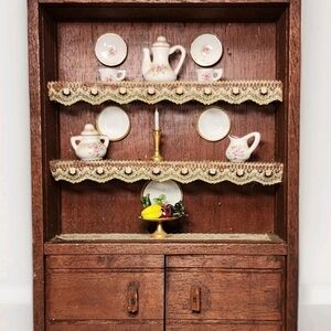 Vintage 1:12 Dollhouse Miniature Wood China Cabinet Hutch w/ Porcelain Metal Set